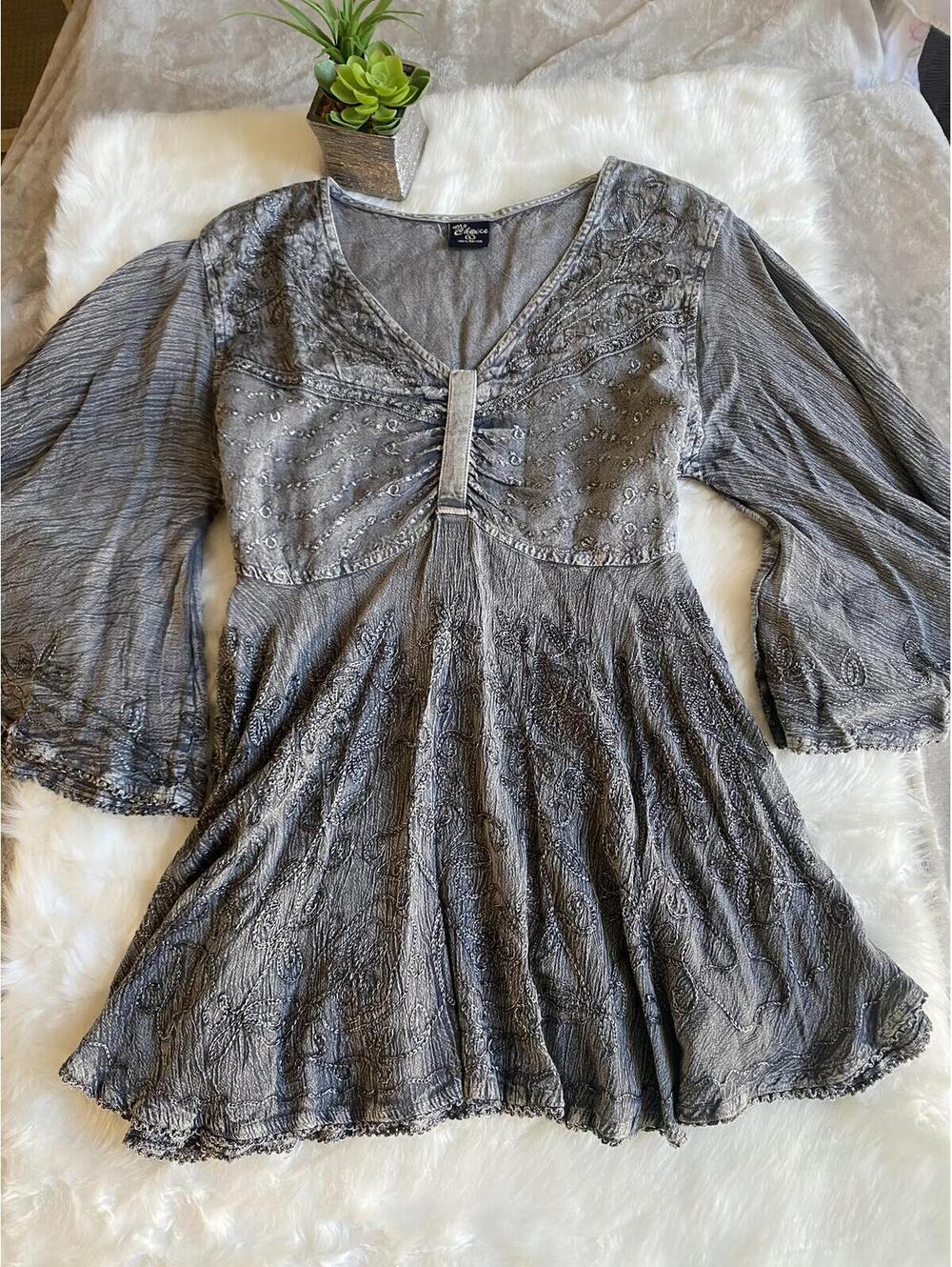 My Choice Gray Embroidered Bell Sleeve Tunic Top